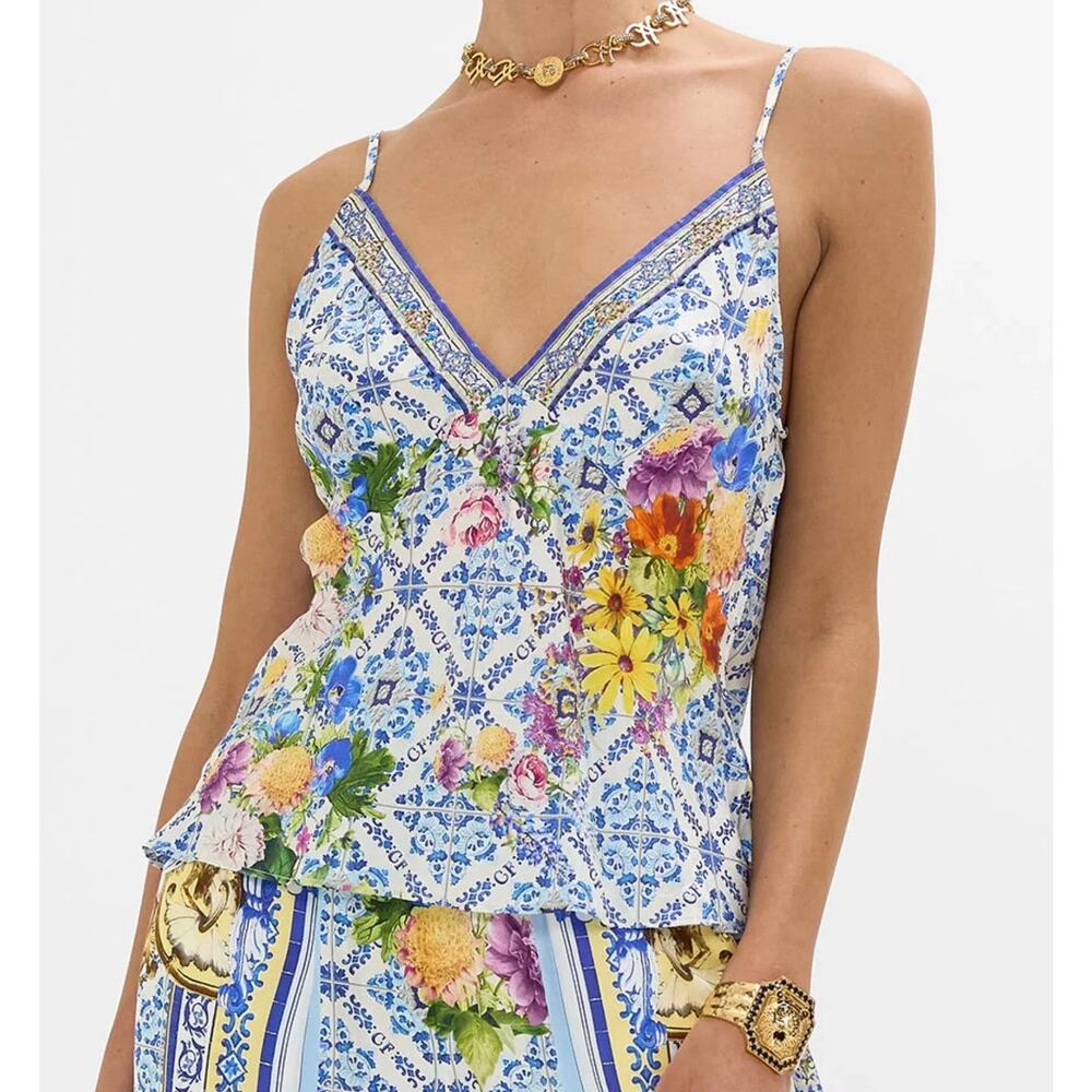 Camilla Blue and White Floral Silk Camisole
